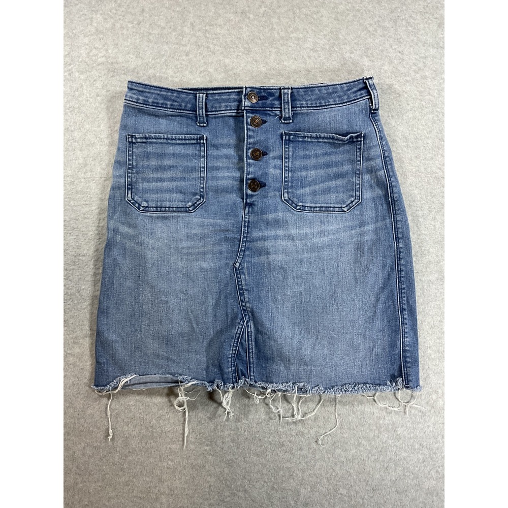 Abercrombie & Fitch Blue Denim Mini Skirt Button Front Raw Hem Size 8 W29 2341